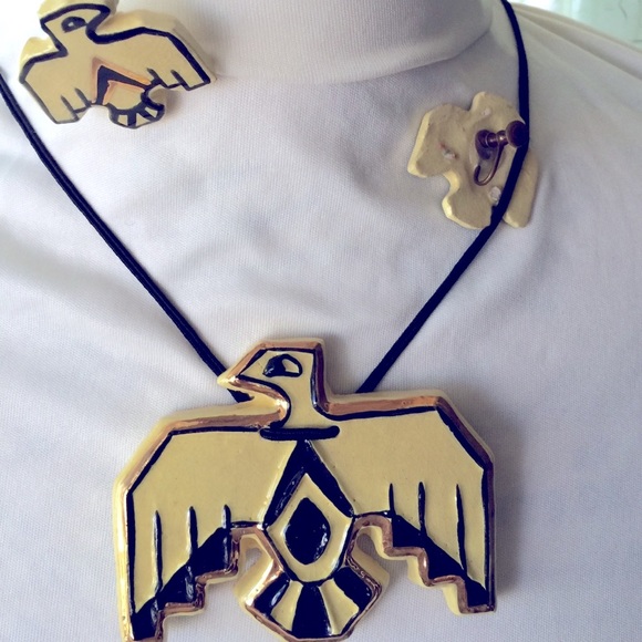 Unique VNTG Native American Thunderbird style necklace and earrings (1950’s) - Picture 7 of 7